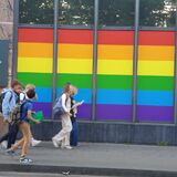 Elia Brussel regenboog vlag met gekleurde raamfolie op de ramen professioneel laten plakken en installeren